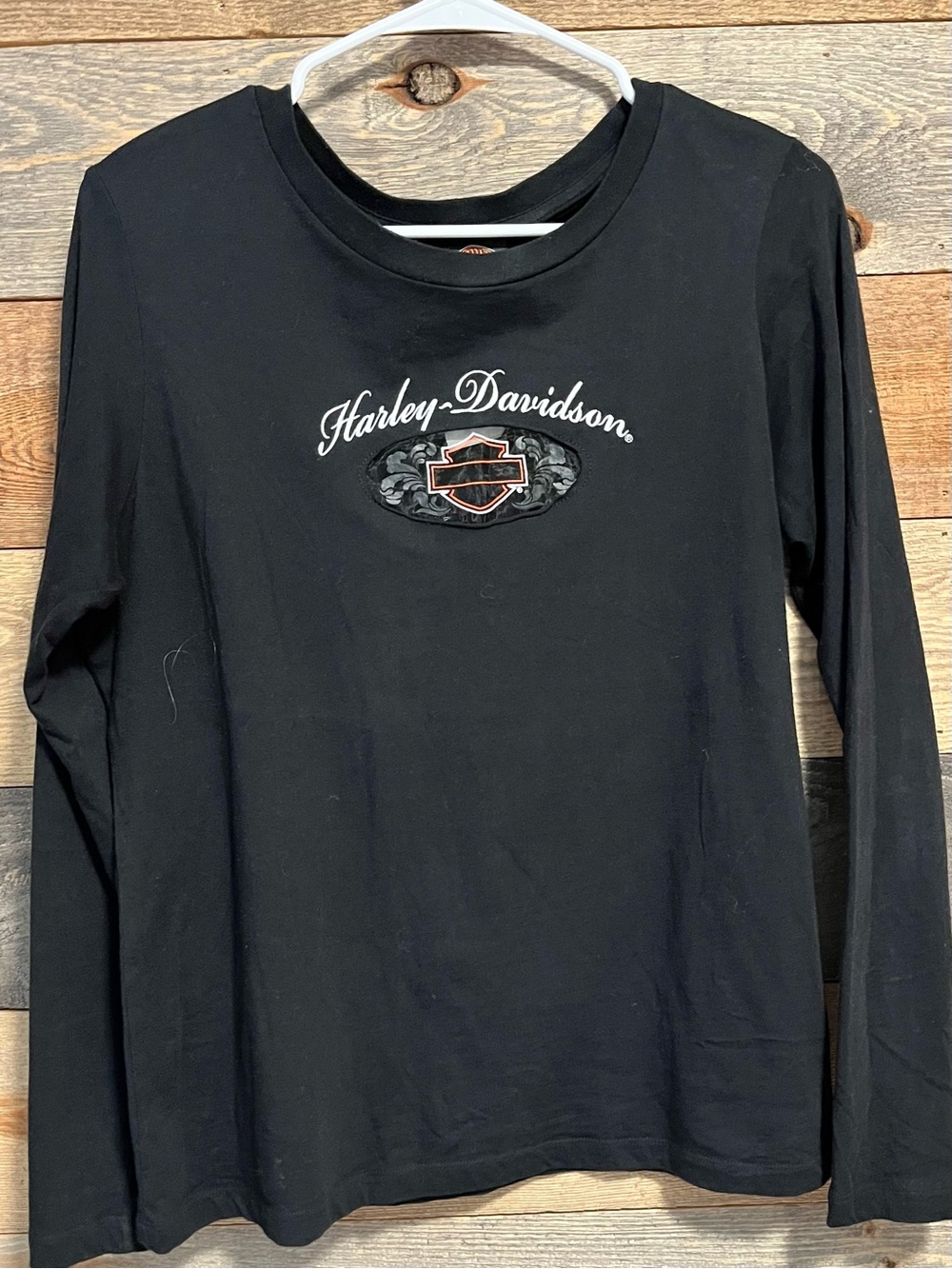 Harley-Davidson Black Long Sleeve Tee with White Script and Orange Logo Accent